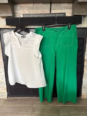 White Lace-Detail Blouse & Green Wide-Leg Pants Set